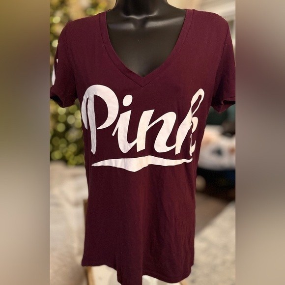 PINK Victoria's Secret Tops - PINK Victoria's Secret Burgundy V-Neck Tee